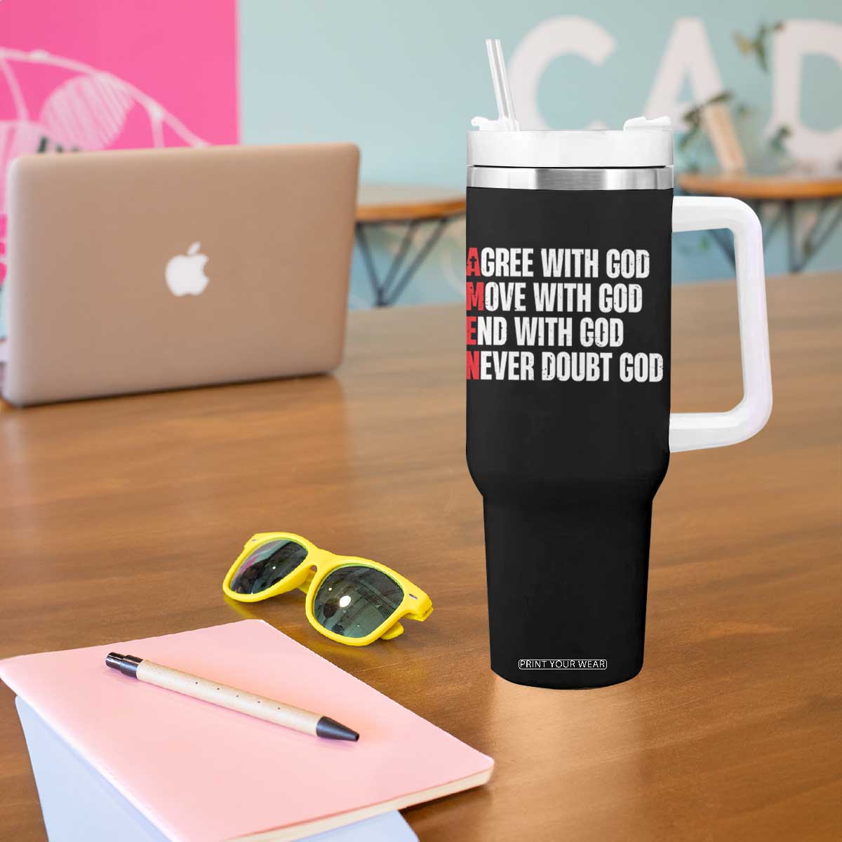Christian Tumbler With Handle Amen Agree Move End With God Never Doubt God TS09 Print Your Wear