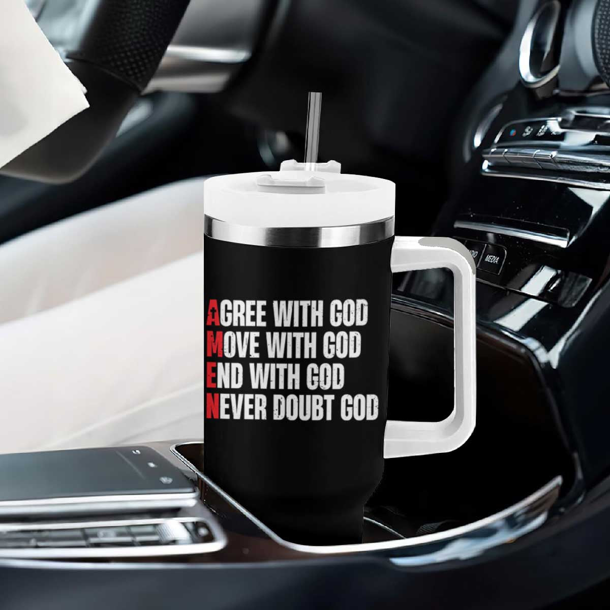 Christian Tumbler With Handle Amen Agree Move End With God Never Doubt God TS09 Print Your Wear