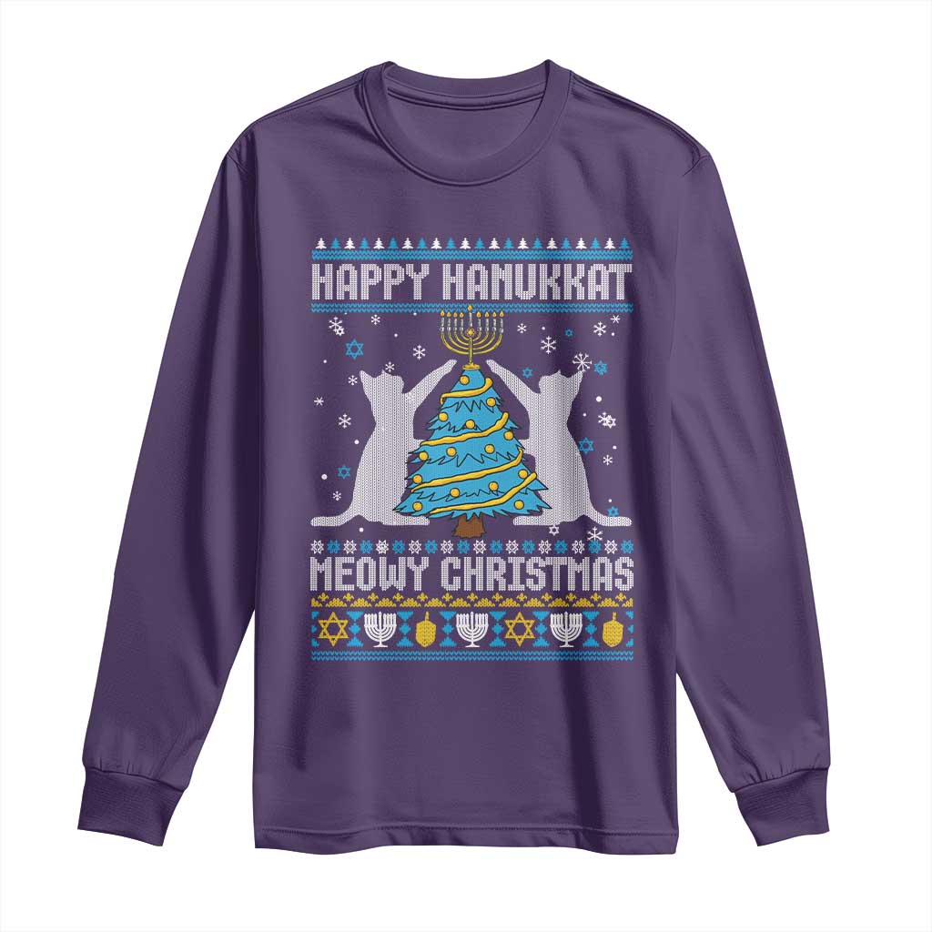 Hanukkah Christmas Cat Long Sleeve Shirt Happy Hanukkat Meowy Christmas TS09 Purple Print Your Wear