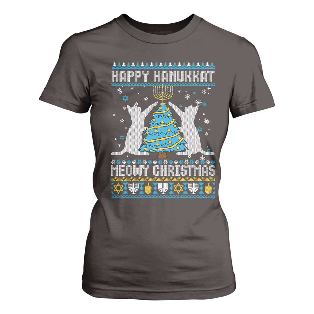Hanukkah Christmas Cat T Shirt For Women Happy Hanukkat Meowy Christmas TS09 Dark Chocolate Print Your Wear