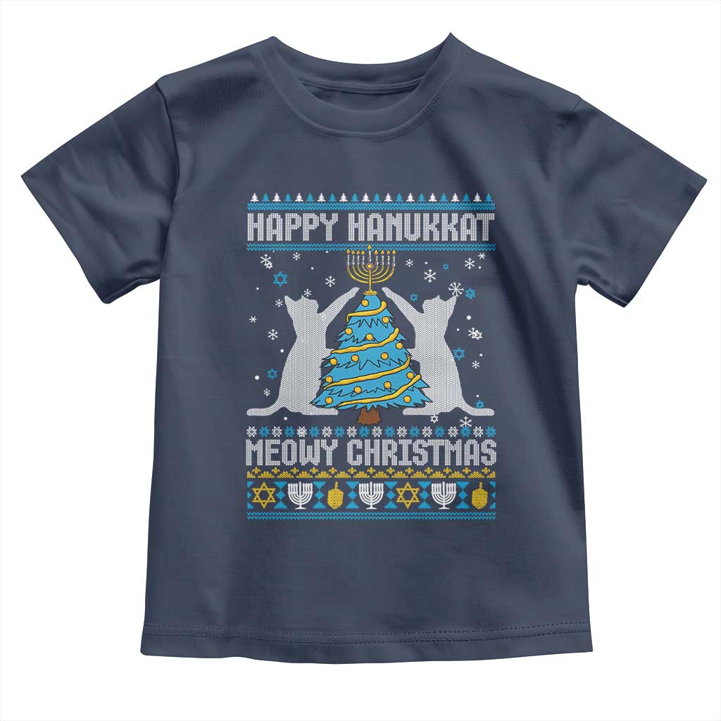 Hanukkah Christmas Cat Toddler T Shirt Happy Hanukkat Meowy Christmas TS09 Navy Print Your Wear