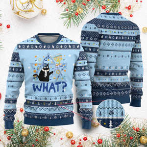 Funny Hanukkat What Black Cat Hanukkah Ugly Sweater TS09 Light Blue Navy Print Your Wear