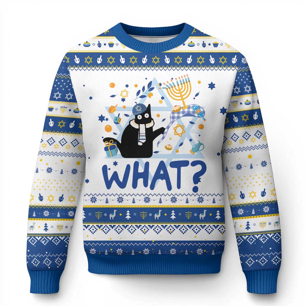 Funny Hanukkat What Black Cat Hanukkah Ugly Sweater TS09 White Royal Blue Print Your Wear