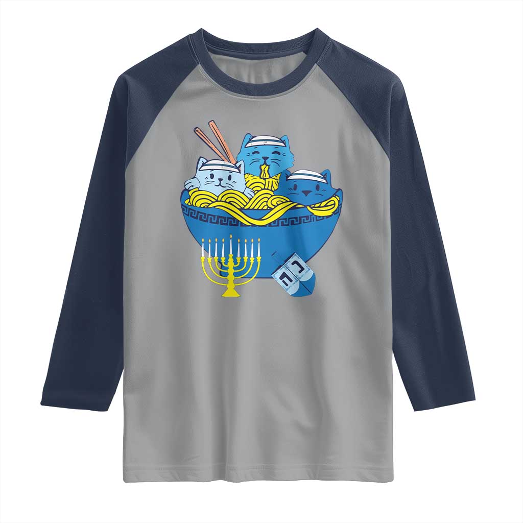 Funny Hanukkah Cat Raglan Shirt Kawaii Cat Eating Ramen Anime Jewish Kitten TS09 Sport Gray Navy Print Your Wear