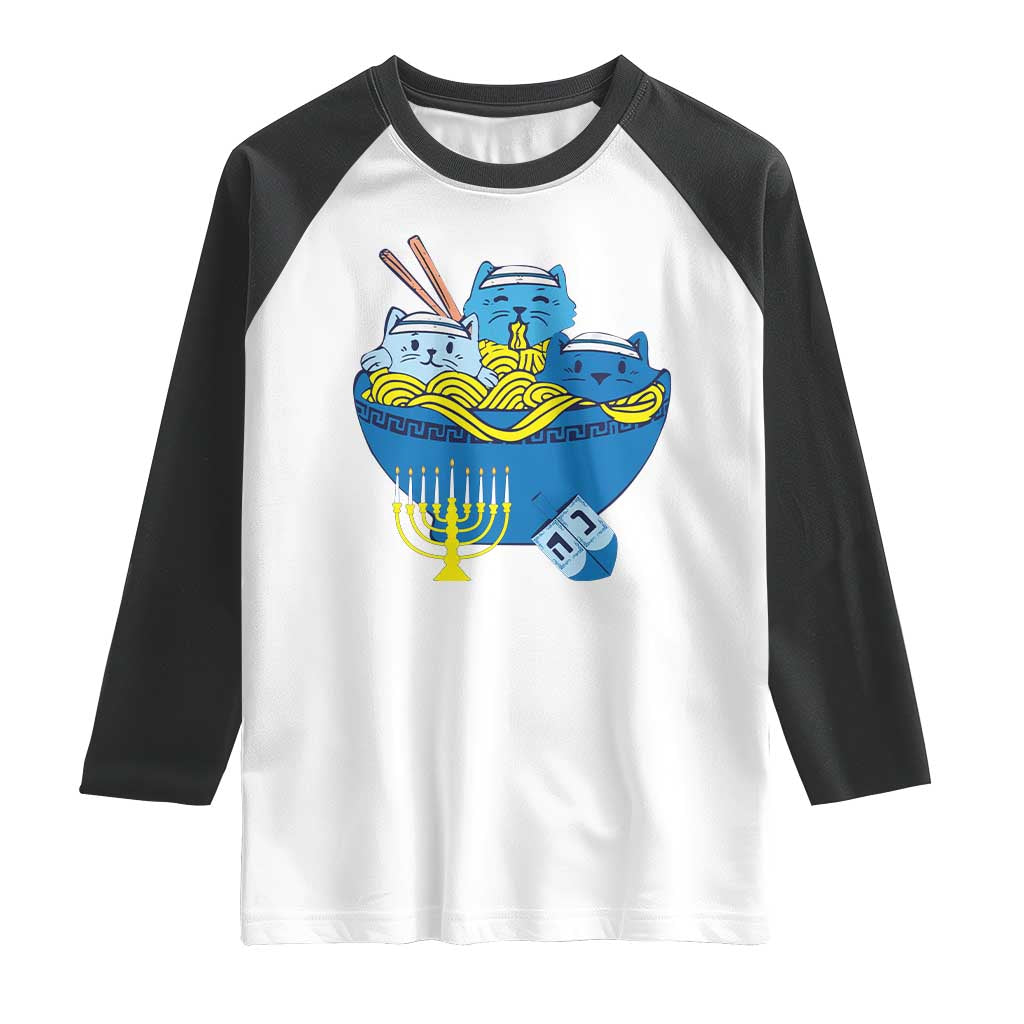 Funny Hanukkah Cat Raglan Shirt Kawaii Cat Eating Ramen Anime Jewish Kitten TS09 White Black Print Your Wear