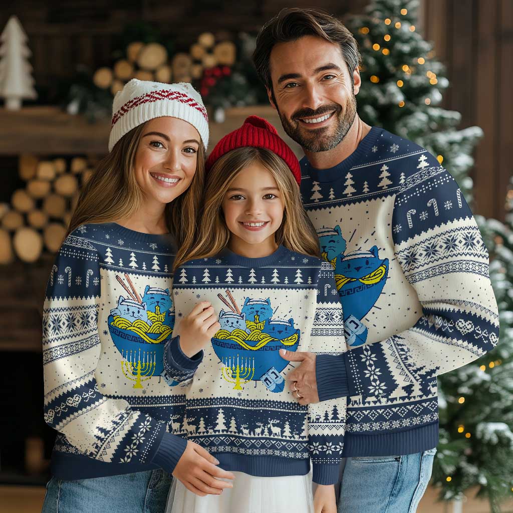 Funny Hanukkah Cat Ugly Christmas Sweater Kawaii Cat Eating Ramen Anime Jewish Kitten TS09 Navy Print Your Wear