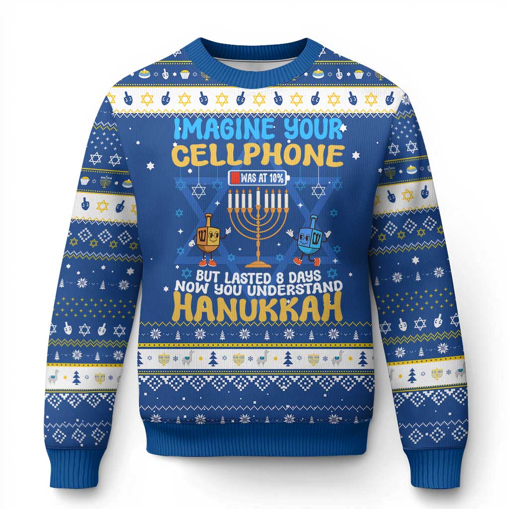 Funny Hanukkah Ugly Sweater Imagine Cellphone Was At 10 Percent TS09 Blue White Print Your Wear