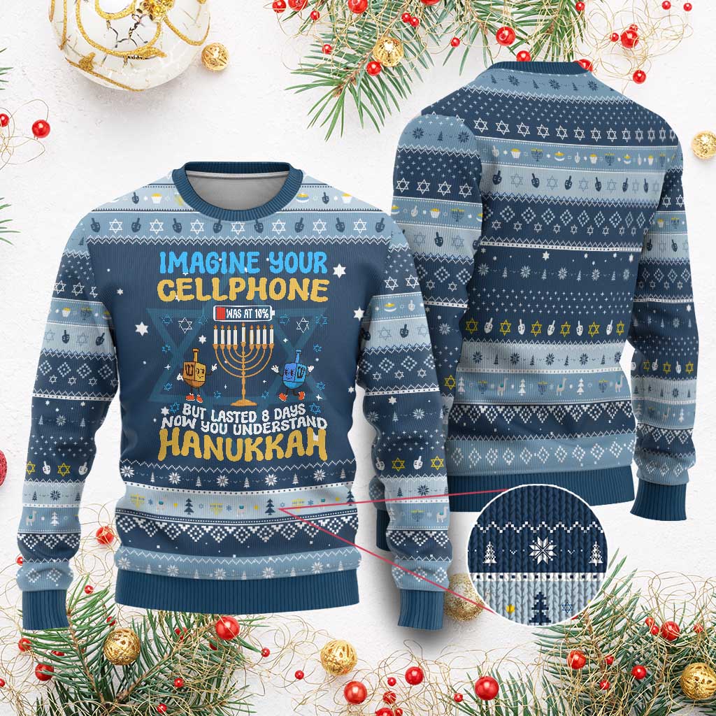 Funny Hanukkah Ugly Sweater Imagine Cellphone Was At 10 Percent TS09 Navy Light Blue Print Your Wear