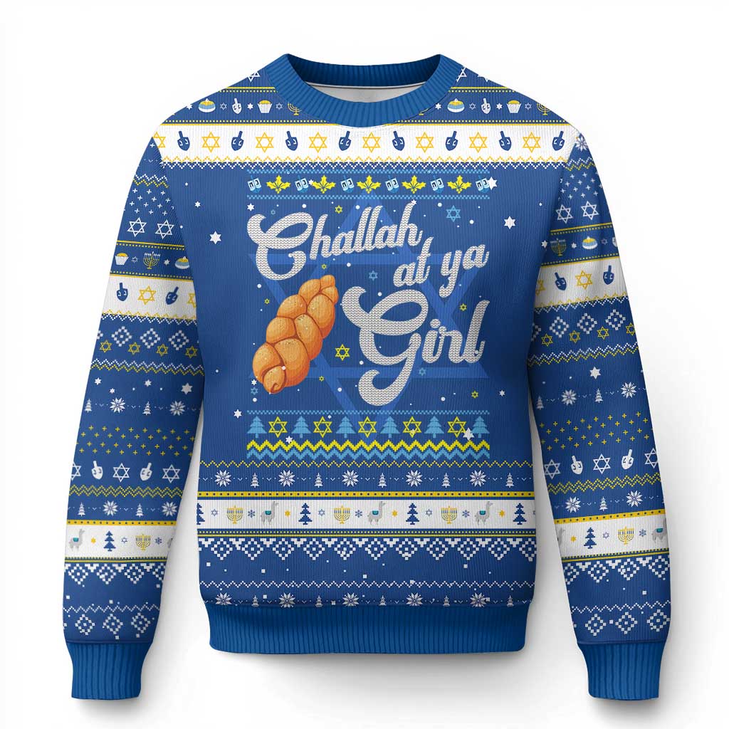 Funny Hanukkah Ugly Sweater Challah At Ya Girl TS09 Blue White Print Your Wear
