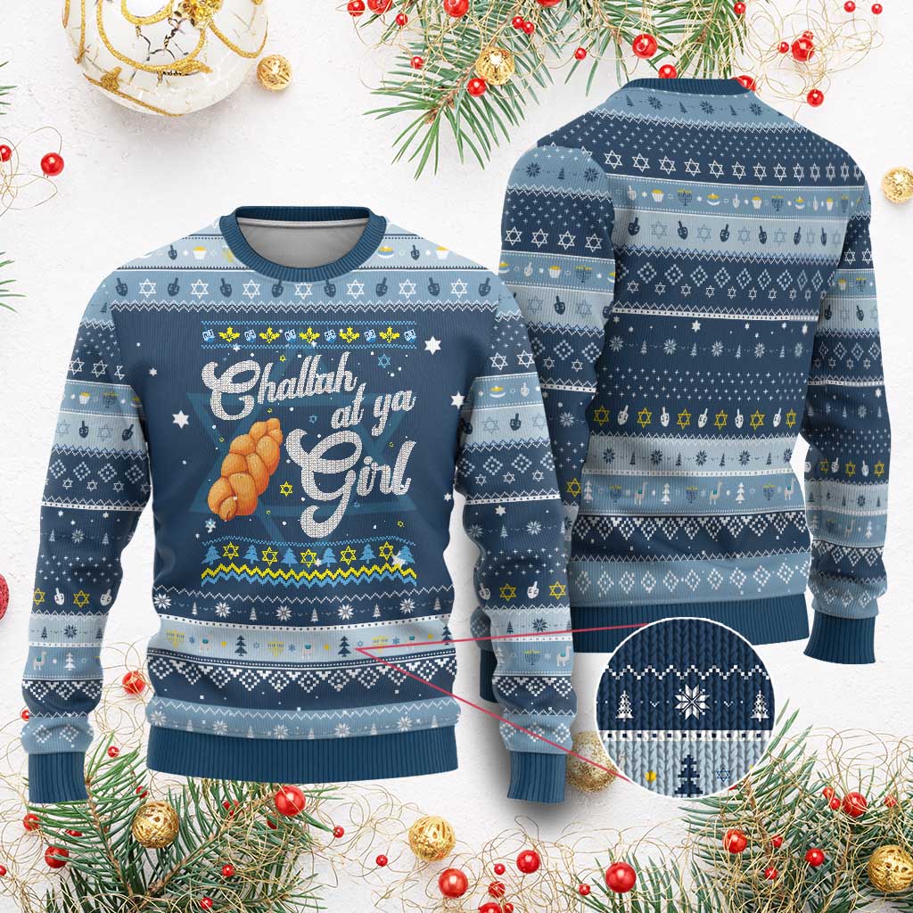 Funny Hanukkah Ugly Sweater Challah At Ya Girl TS09 Navy Light Blue Print Your Wear