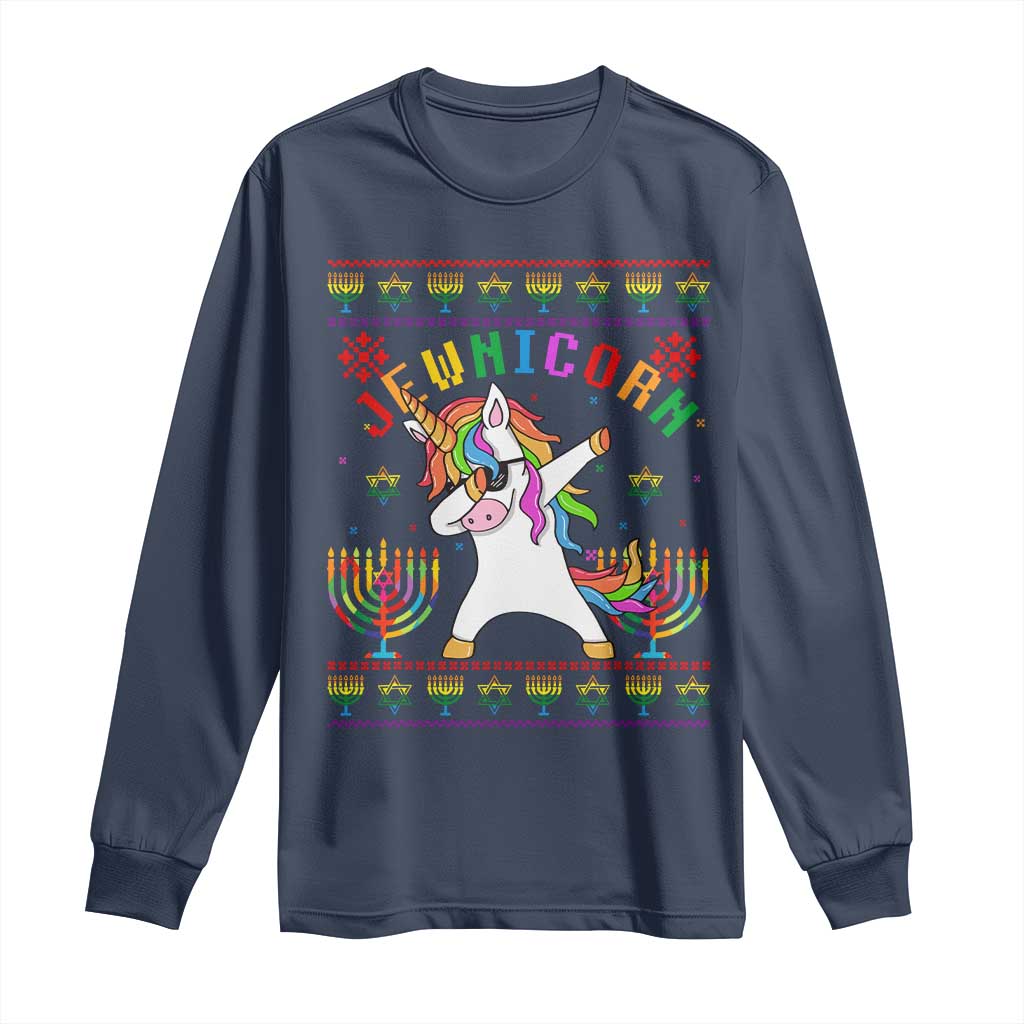Funny Hanukkah Long Sleeve Shirt Jewnicorn Jewish Unicorn Rainbow TS09 Navy Print Your Wear