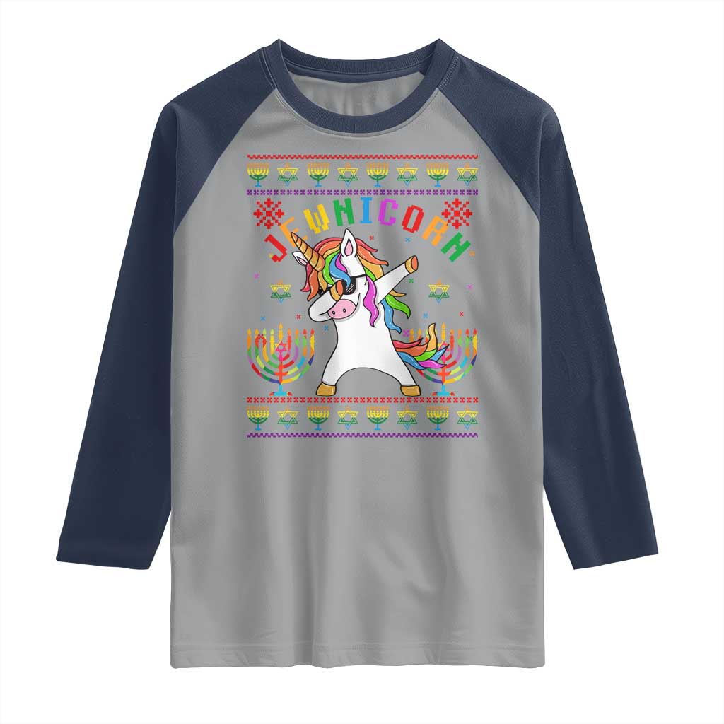 Funny Hanukkah Raglan Shirt Jewnicorn Jewish Unicorn Rainbow TS09 Sport Gray Navy Print Your Wear