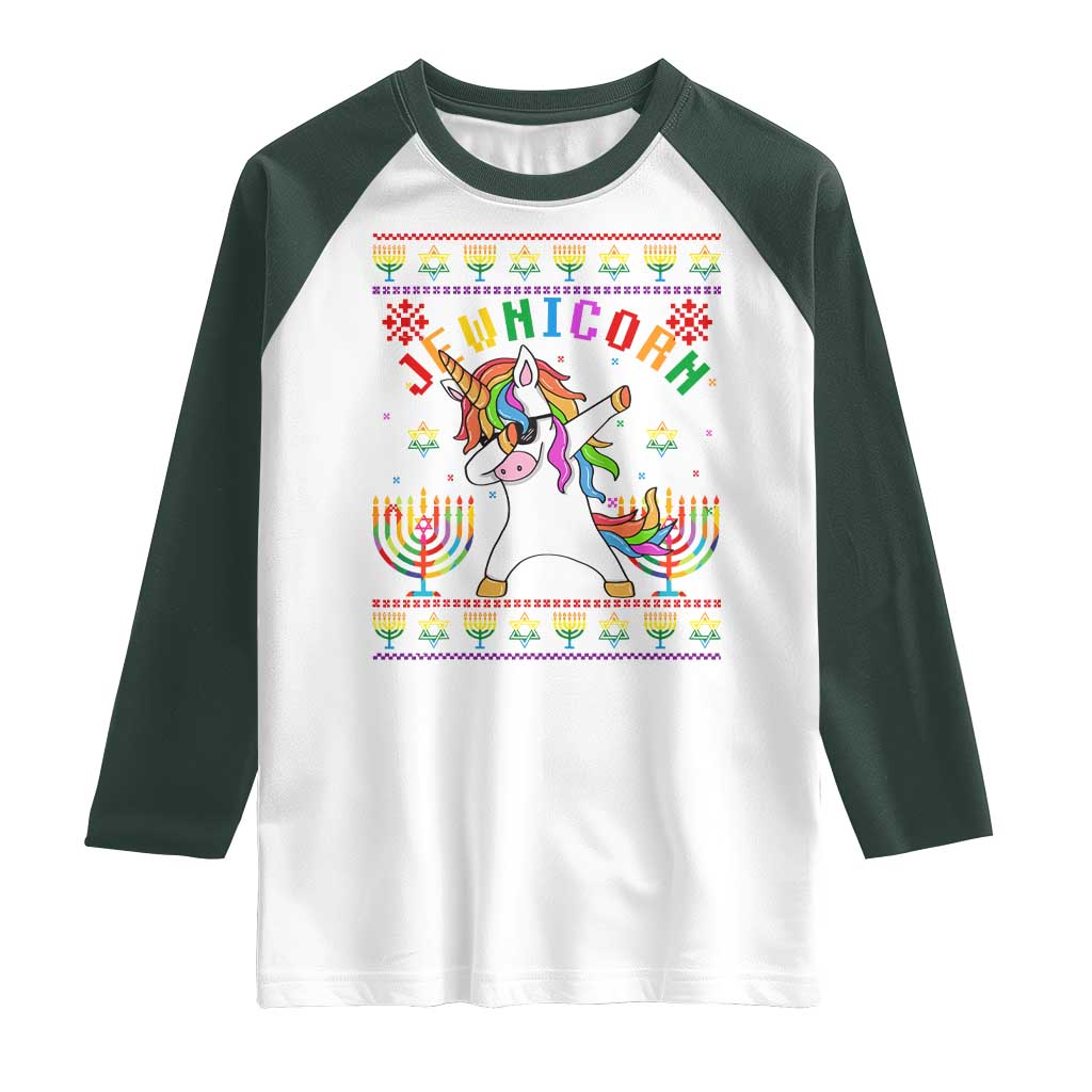 Funny Hanukkah Raglan Shirt Jewnicorn Jewish Unicorn Rainbow TS09 White Dark Forest Green Print Your Wear