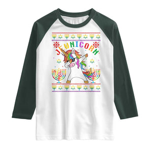 Funny Hanukkah Raglan Shirt Jewnicorn Jewish Unicorn Rainbow TS09 White Dark Forest Green Print Your Wear