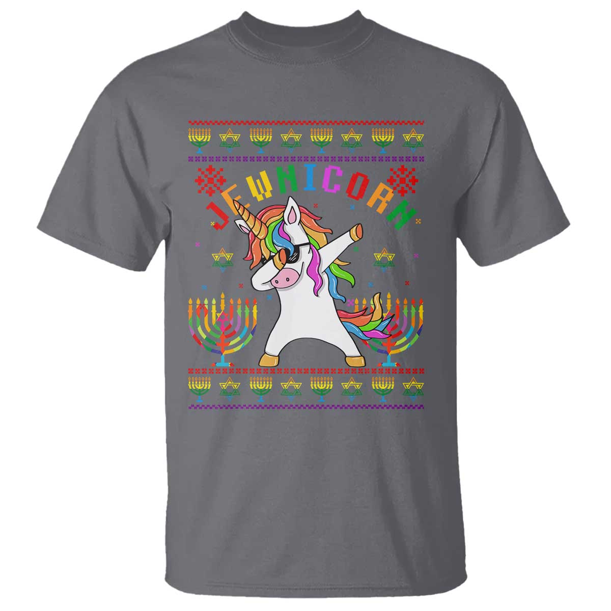 Funny Hanukkah T Shirt Jewnicorn Jewish Unicorn Rainbow TS09 Charcoal Print Your Wear