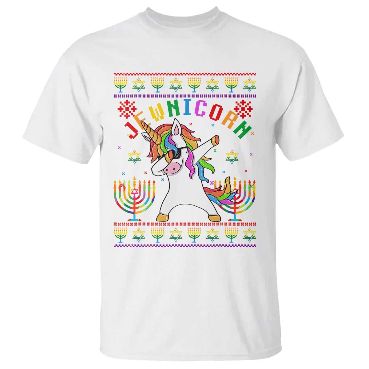 Funny Hanukkah T Shirt Jewnicorn Jewish Unicorn Rainbow TS09 White Print Your Wear