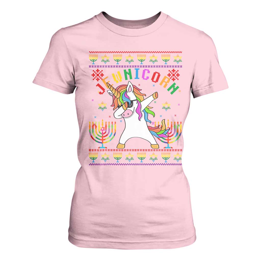 Funny Hanukkah T Shirt For Women Jewnicorn Jewish Unicorn Rainbow TS09 Light Pink Print Your Wear