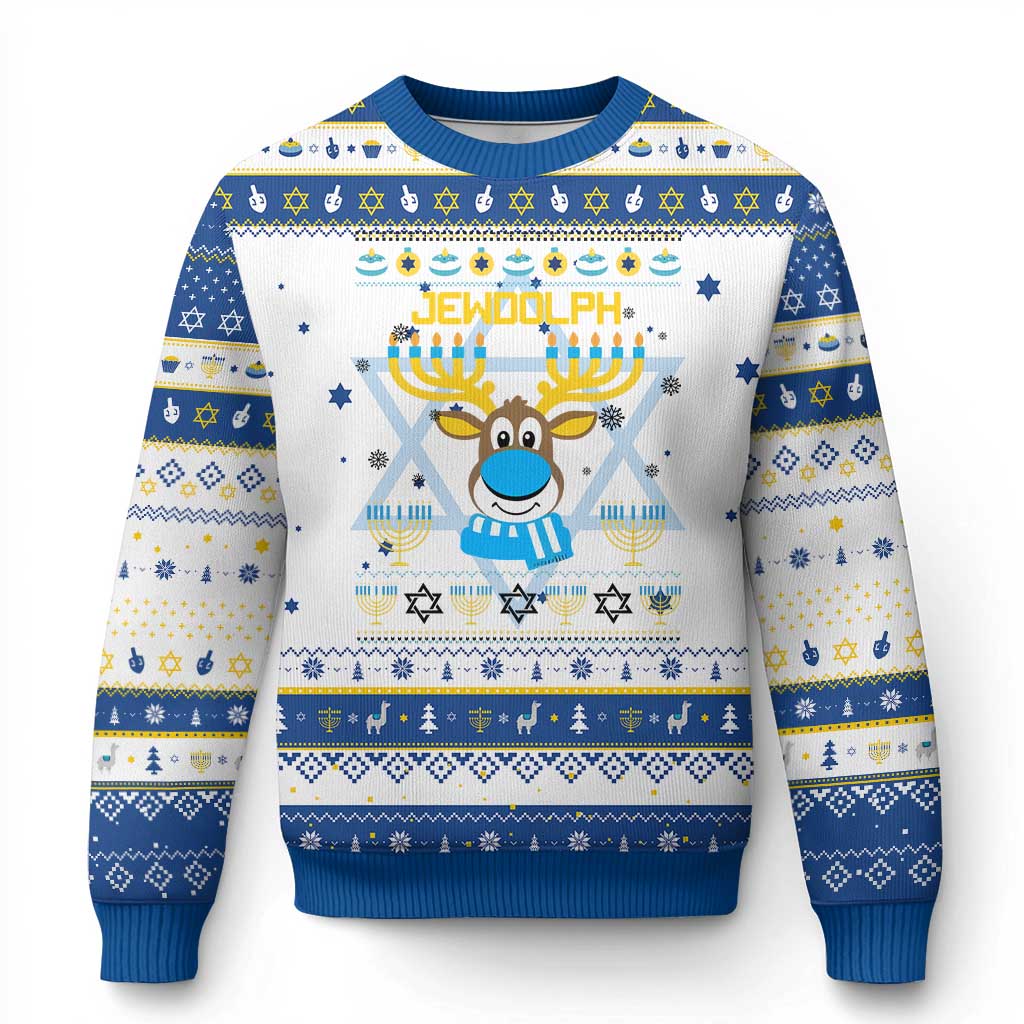 Funny Jewdolph Jewish Reindeer Menorah Hanukkah Ugly Sweater TS09 White Royal Blue Print Your Wear