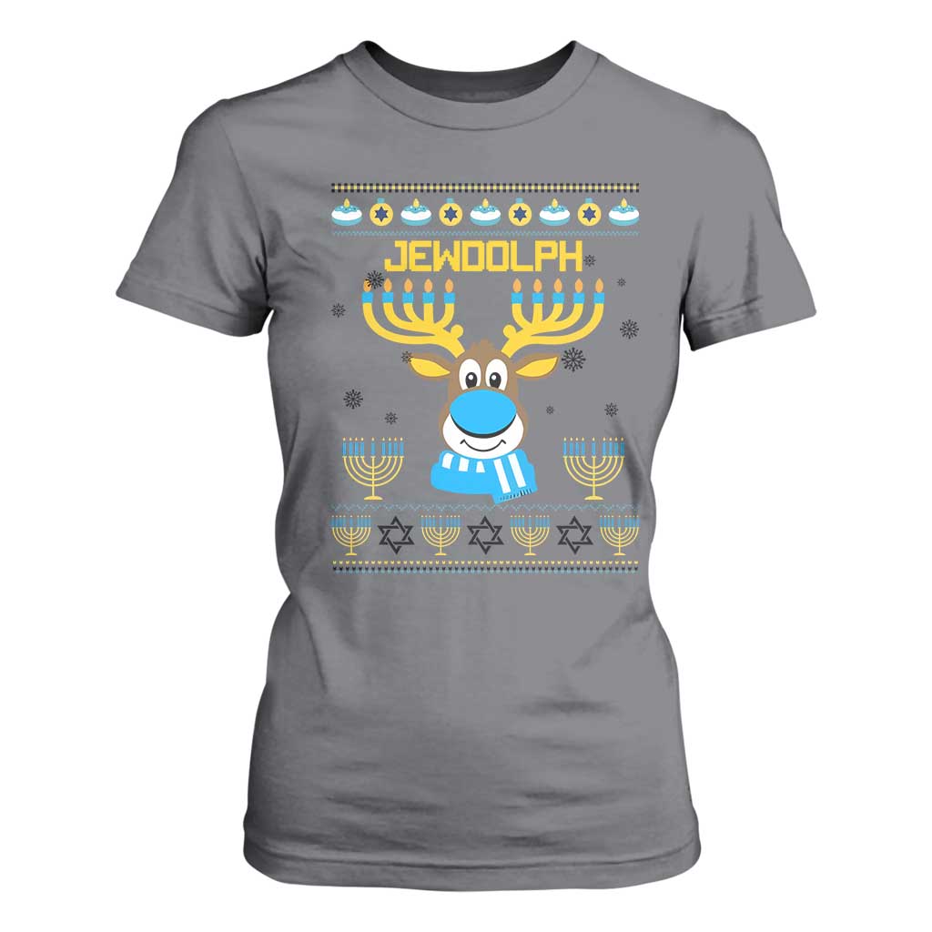 Funny Hanukkah T Shirt For Women Jewdolph Jewish Reindeer Menorah TS09 Charcoal Print Your Wear