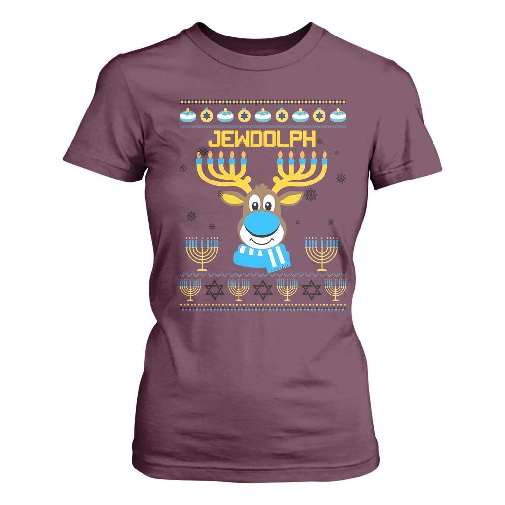 Funny Hanukkah T Shirt For Women Jewdolph Jewish Reindeer Menorah TS09 Maroon Print Your Wear
