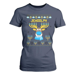 Funny Hanukkah T Shirt For Women Jewdolph Jewish Reindeer Menorah TS09 Navy Print Your Wear