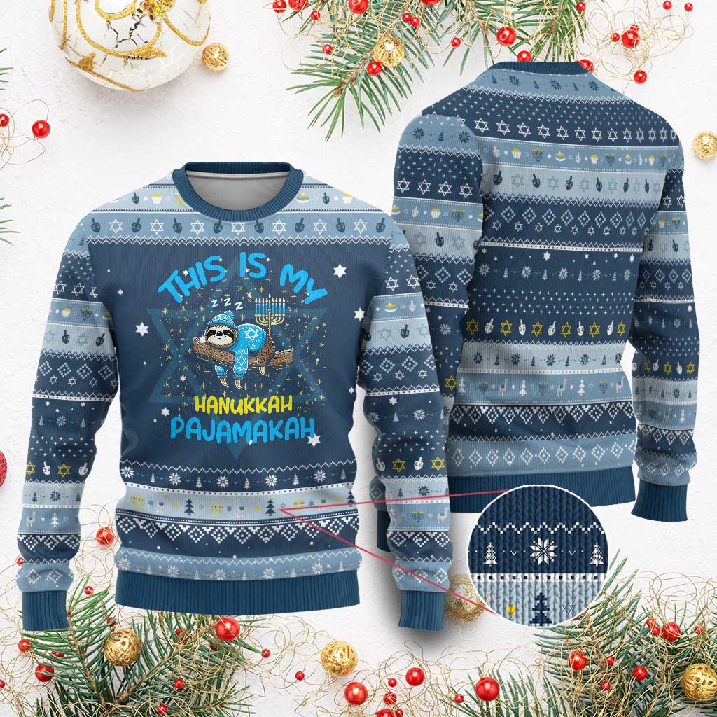 Funny This Is My Pajamakah Hanukkah Ugly Sweater Cute Jewish Sloth Chanukkah TS09 Navy Light Blue Print Your Wear