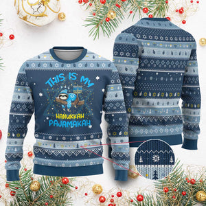 Funny This Is My Pajamakah Hanukkah Ugly Sweater Cute Jewish Sloth Chanukkah TS09 Navy Light Blue Print Your Wear