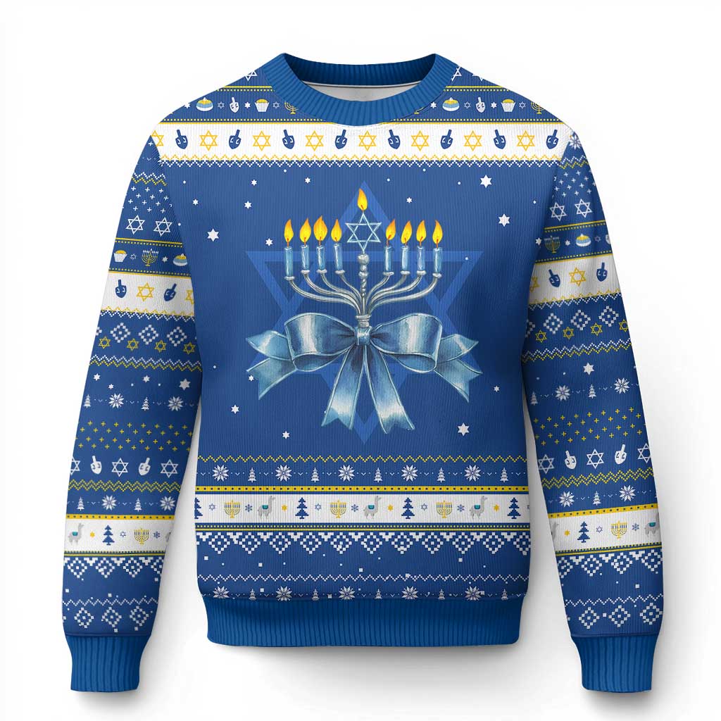 Menorah Jewish Coquette Bow Hanukkah Ugly Sweater TS09 Blue White Print Your Wear