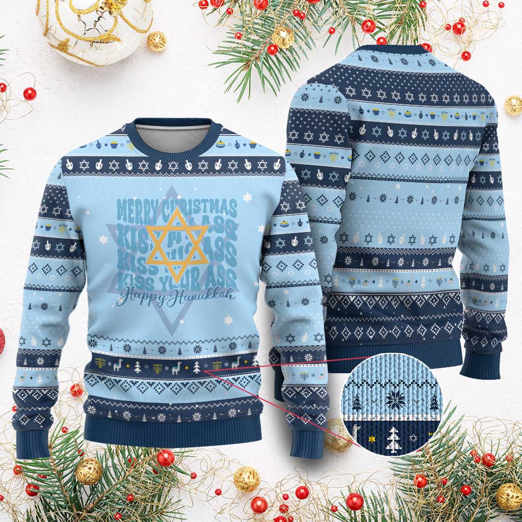 Funny Kiss My Ass Kiss His Ass Kiss Your Ass Hanukkah Ugly Sweater TS09 Light Blue Navy Print Your Wear