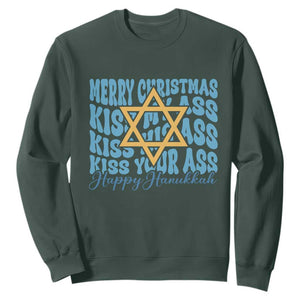 Funny Hanukkah Sweatshirt Kiss My Ass Kiss His Ass Kiss Your Ass TS09 Dark Forest Green Print Your Wear
