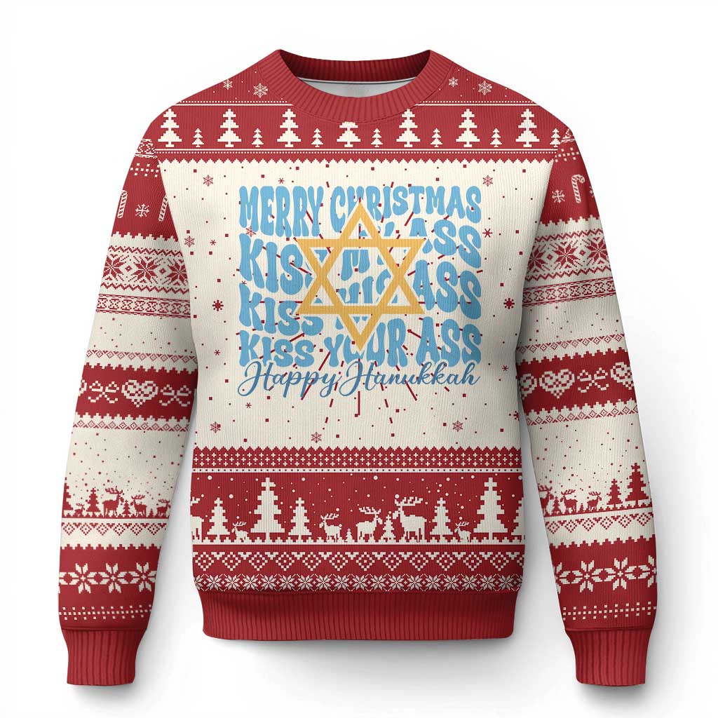 Funny Hanukkah Ugly Christmas Sweater Kiss My Ass Kiss His Ass Kiss Your Ass TS09 Red Print Your Wear