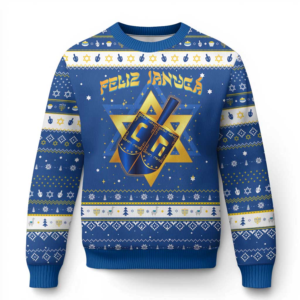 Funny Feliz Januca Jewish Sephardic Ladino Hanukkah Ugly Sweater TS09 Blue White Print Your Wear