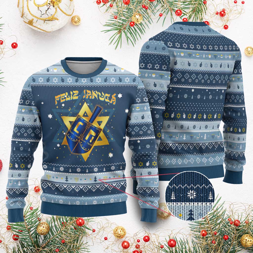Funny Feliz Januca Jewish Sephardic Ladino Hanukkah Ugly Sweater TS09 Navy Light Blue Print Your Wear