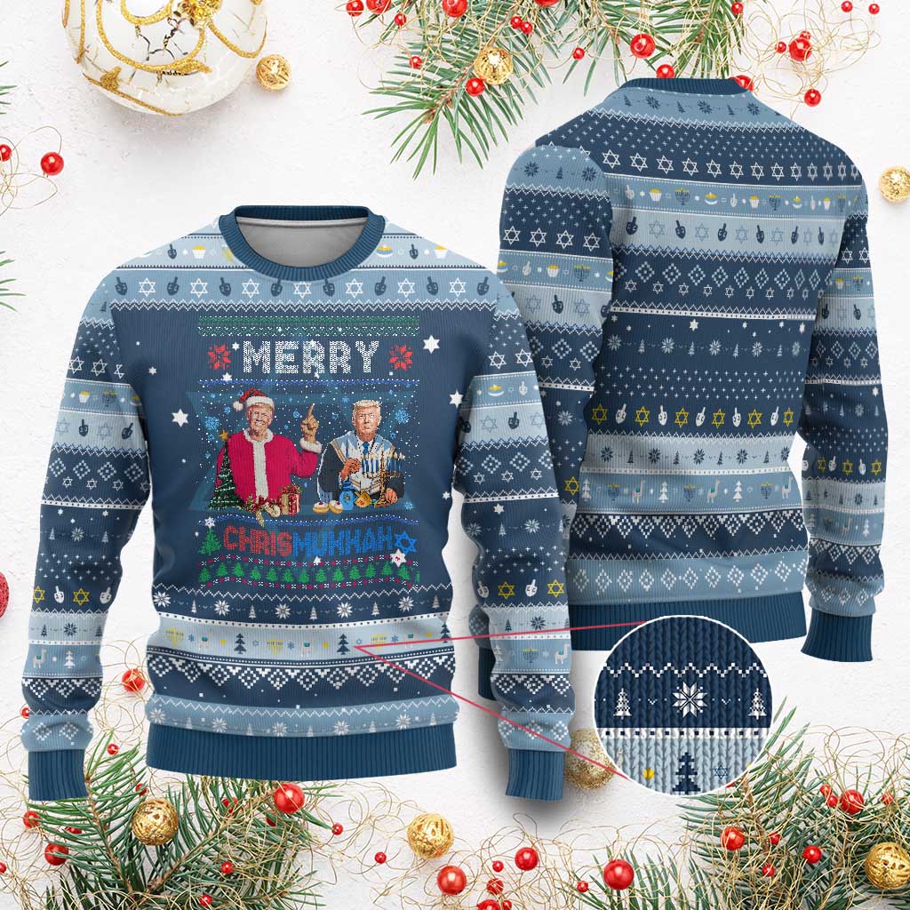 Funny Trump Dancing Merry Christmas Happy Hanukkah Ugly Sweater TS09 Navy Light Blue Print Your Wear