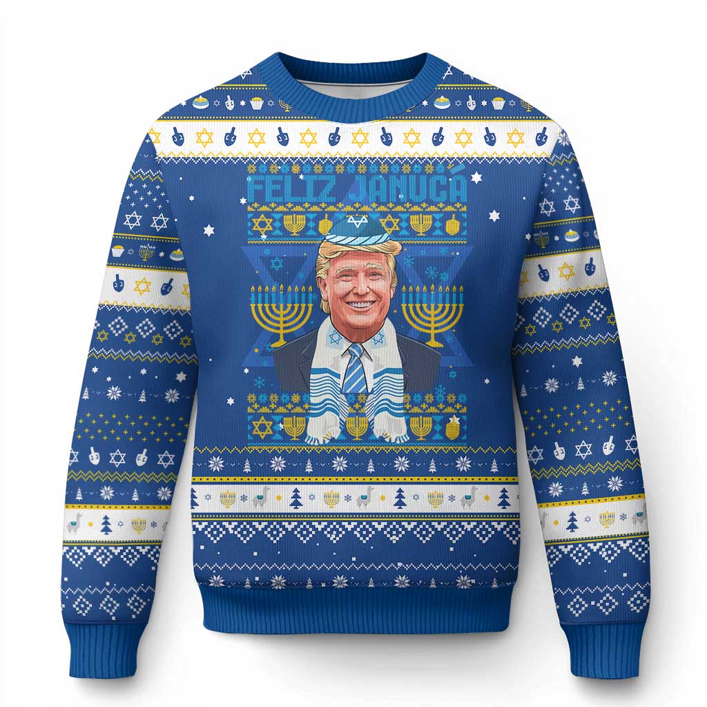 Funny Trump Hanukkah Ugly Sweater Feliz Januca Jewish Sephardic Ladino TS09 Blue White Print Your Wear