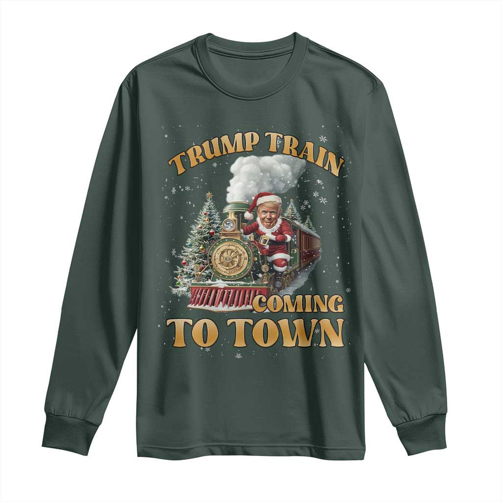 Funny Trump Xmas Long Sleeve Shirt Santa Trump Train Coming To Town TS09 Dark Forest Green Print Your Wear