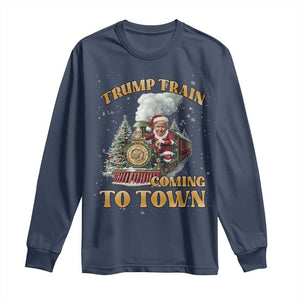 Funny Trump Xmas Long Sleeve Shirt Santa Trump Train Coming To Town TS09 Navy Print Your Wear