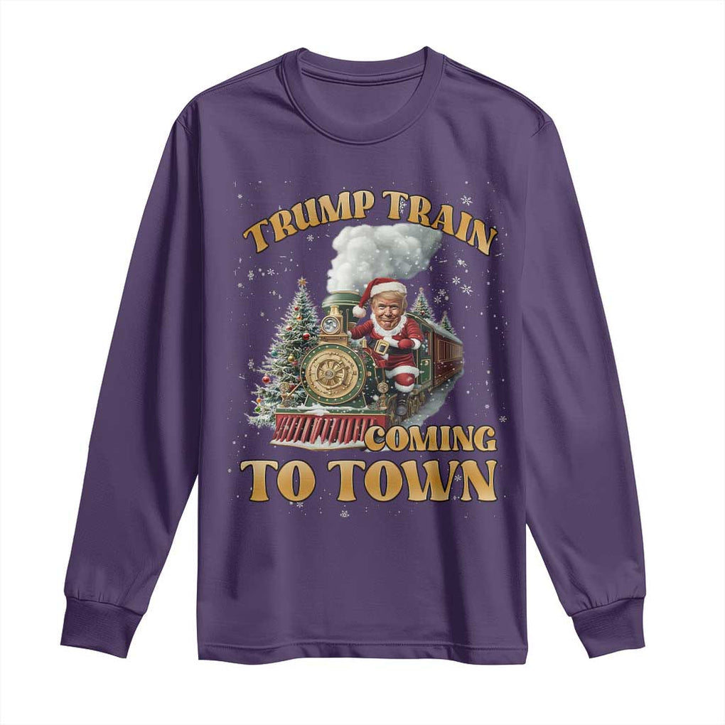 Funny Trump Xmas Long Sleeve Shirt Santa Trump Train Coming To Town TS09 Purple Print Your Wear