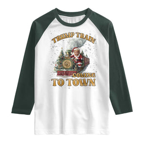 Funny Trump Xmas Raglan Shirt Santa Trump Train Coming To Town TS09 White Dark Forest Green Print Your Wear