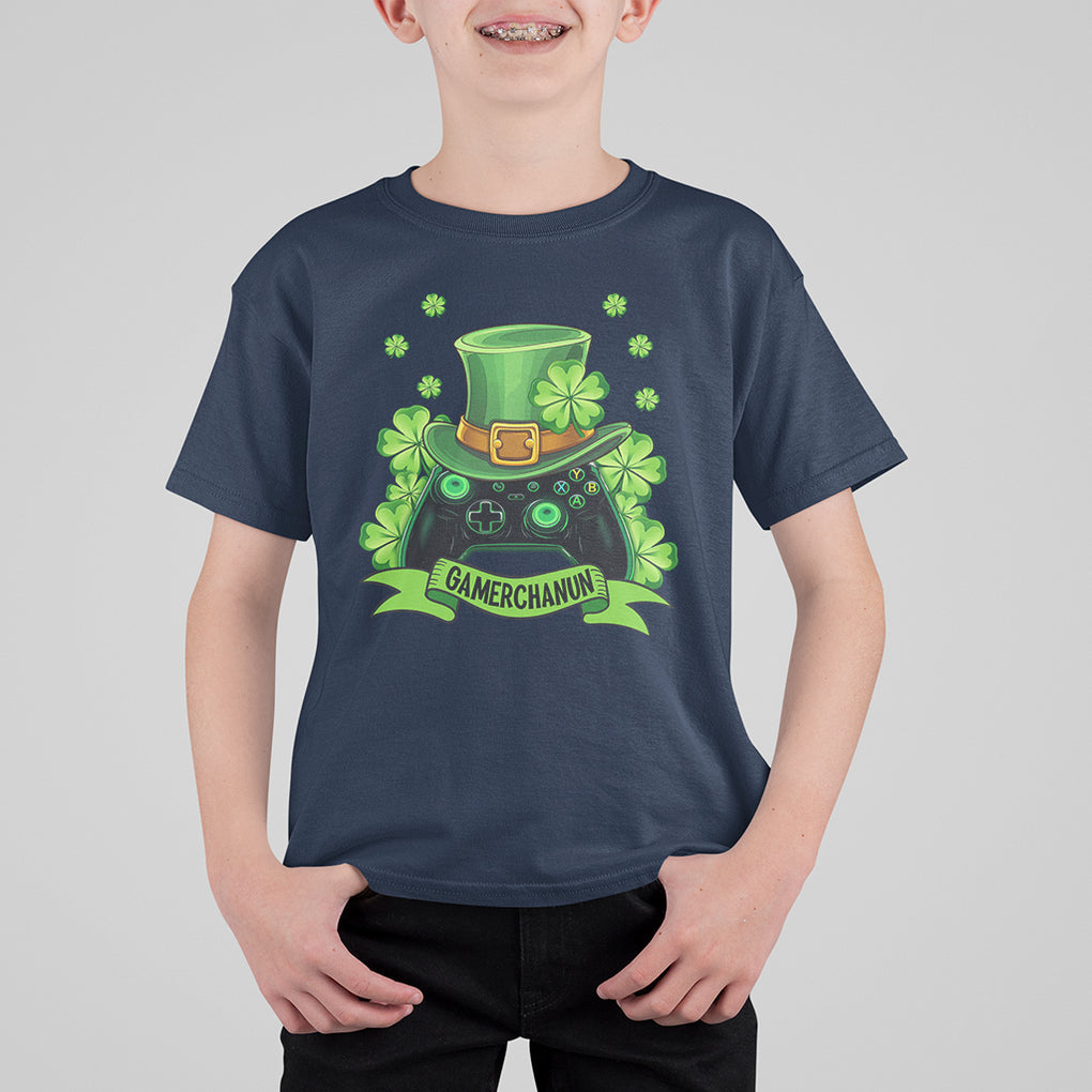St. Patrick's Day T Shirt For Kid Gamerchaun Video Game Funny Lucky Gamer TS09 Navy Printyourwear
