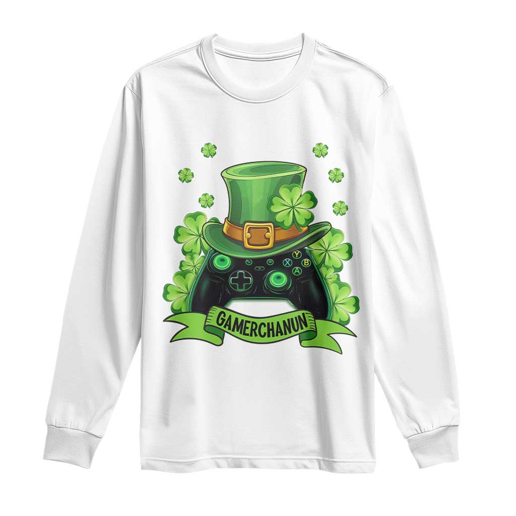 St Patrick's Day Long Sleeve Shirt Gamerchaun Video Game Funny Lucky Gamer TS09 White Print Your Wear