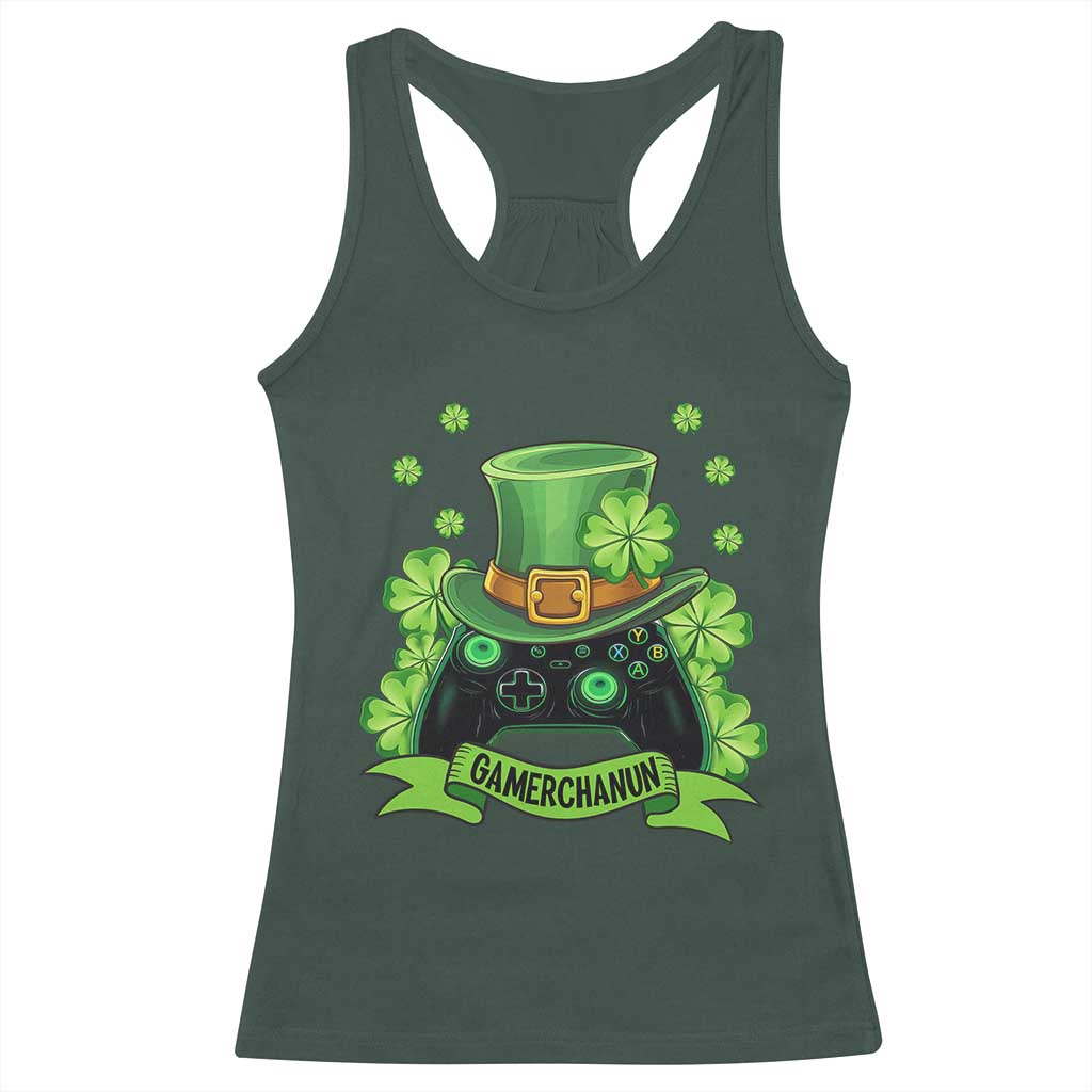 St Patrick's Day Racerback Tank Top Gamerchaun Video Game Funny Lucky Gamer TS09 Dark Forest Green Print Your Wear