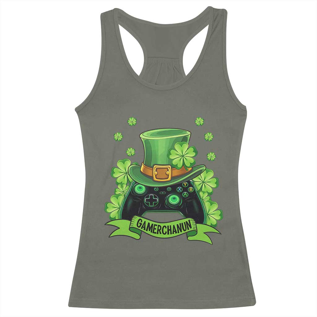 St Patrick's Day Racerback Tank Top Gamerchaun Video Game Funny Lucky Gamer TS09 Military Green Print Your Wear