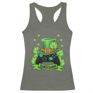 St Patrick's Day Racerback Tank Top Gamerchaun Video Game Funny Lucky Gamer TS09 Military Green Print Your Wear