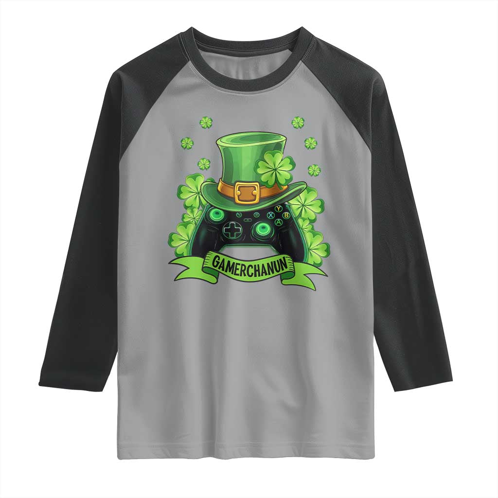 St Patrick's Day Raglan Shirt Gamerchaun Video Game Funny Lucky Gamer TS09 Sport Gray Black Print Your Wear