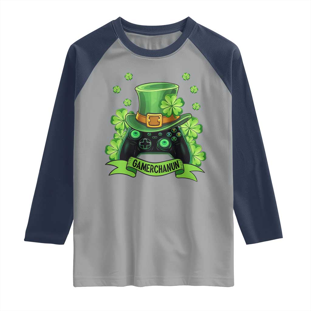 St Patrick's Day Raglan Shirt Gamerchaun Video Game Funny Lucky Gamer TS09 Sport Gray Navy Print Your Wear