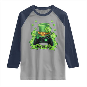 St Patrick's Day Raglan Shirt Gamerchaun Video Game Funny Lucky Gamer TS09 Sport Gray Navy Print Your Wear