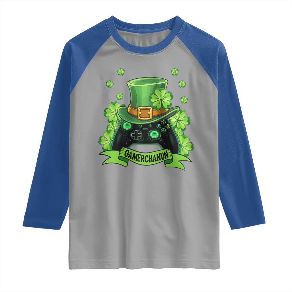St Patrick's Day Raglan Shirt Gamerchaun Video Game Funny Lucky Gamer TS09 Sport Gray Royal Print Your Wear