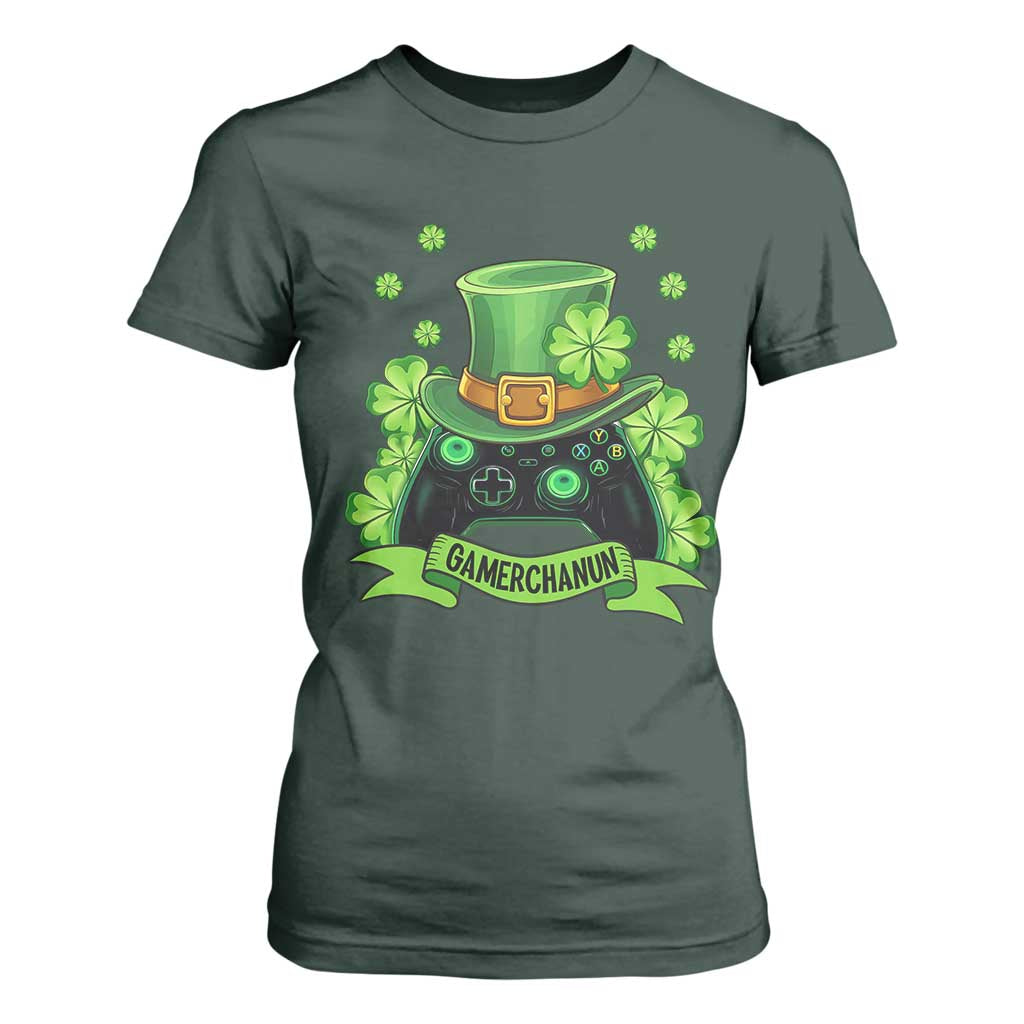 St Patrick's Day T Shirt For Women Gamerchaun Video Game Funny Lucky Gamer TS09 Dark Forest Green Print Your Wear