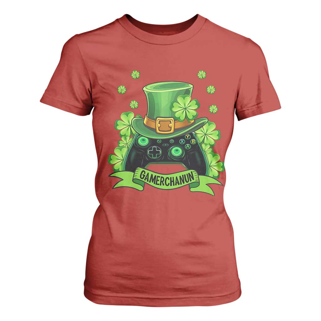 St Patrick's Day T Shirt For Women Gamerchaun Video Game Funny Lucky Gamer TS09 Red Print Your Wear
